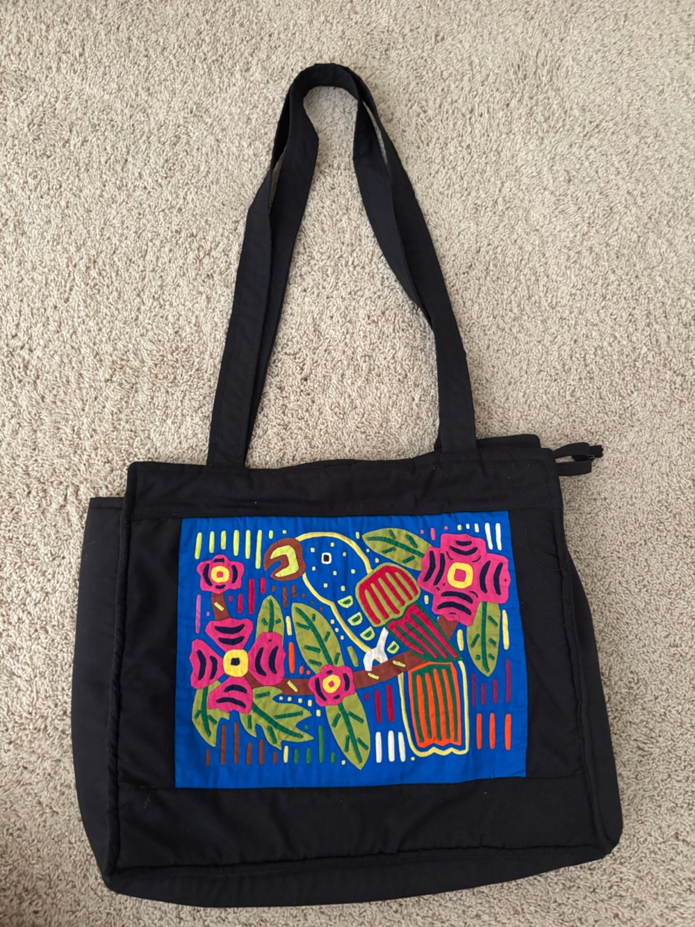Black Canvas Tote Bag with Colorful Floral Panel
